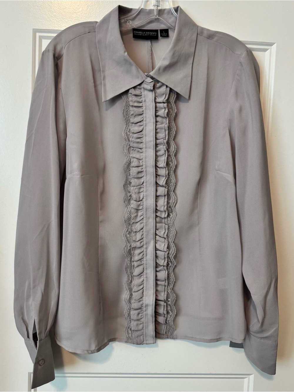 Pamela Dennis Semi Sheer Ruffle Lace Button Front Blouse Taupe Large NWOT